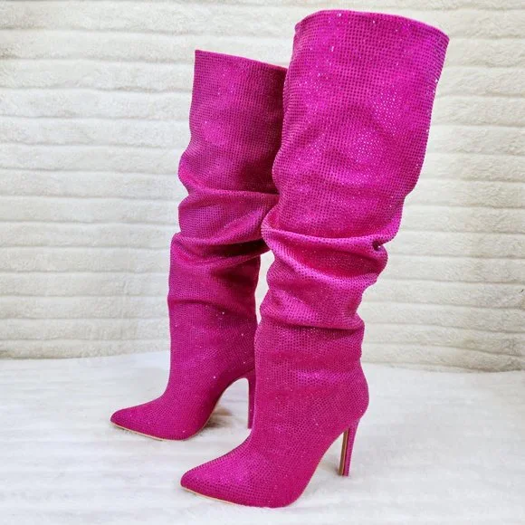 Radiant Fuchsia Pink Rhinestone High Heel Slouch Knee High Boots - Picture 3 of 11